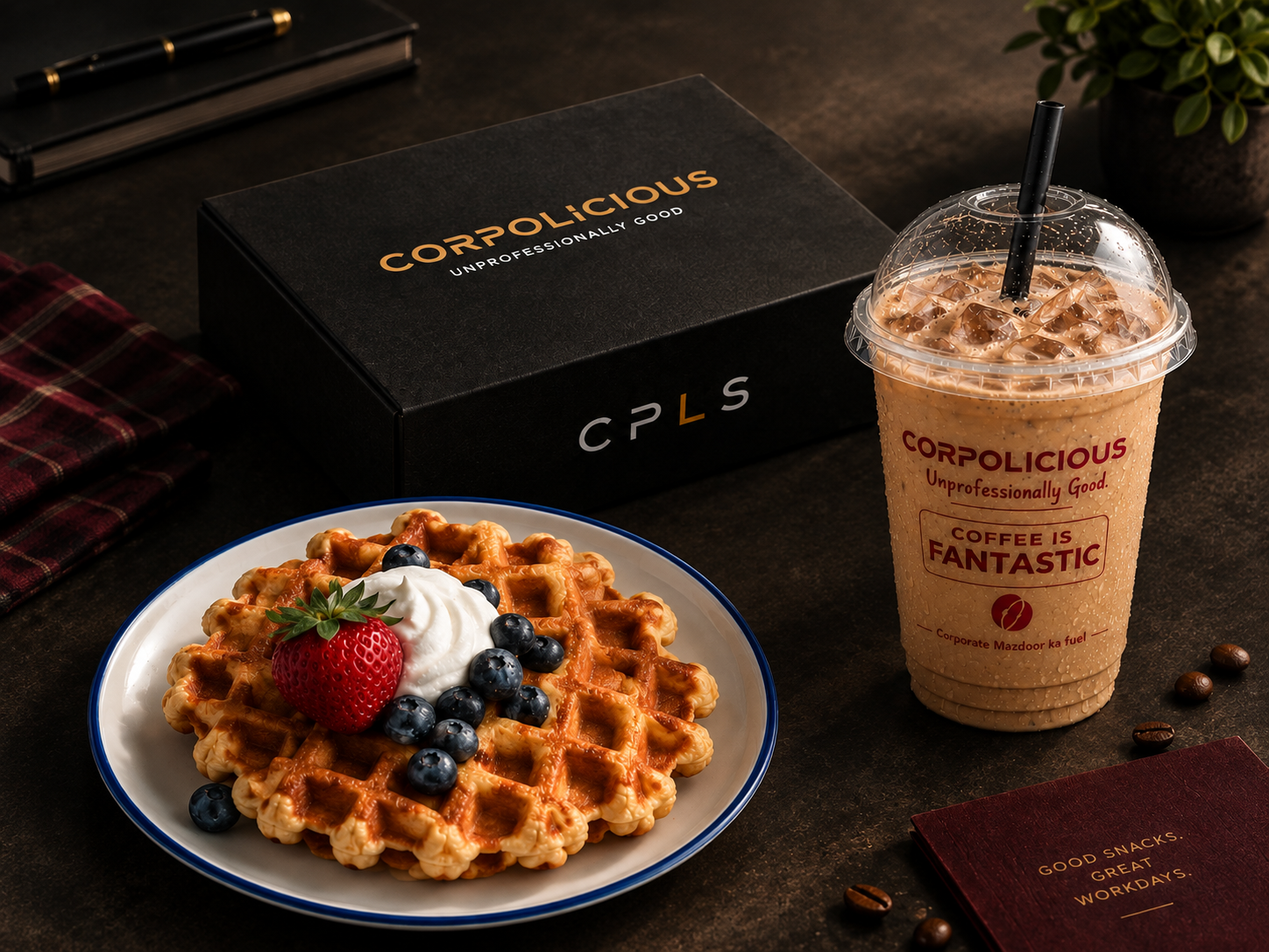 Corpolicious presentation box with Belgian waffles and coffee
