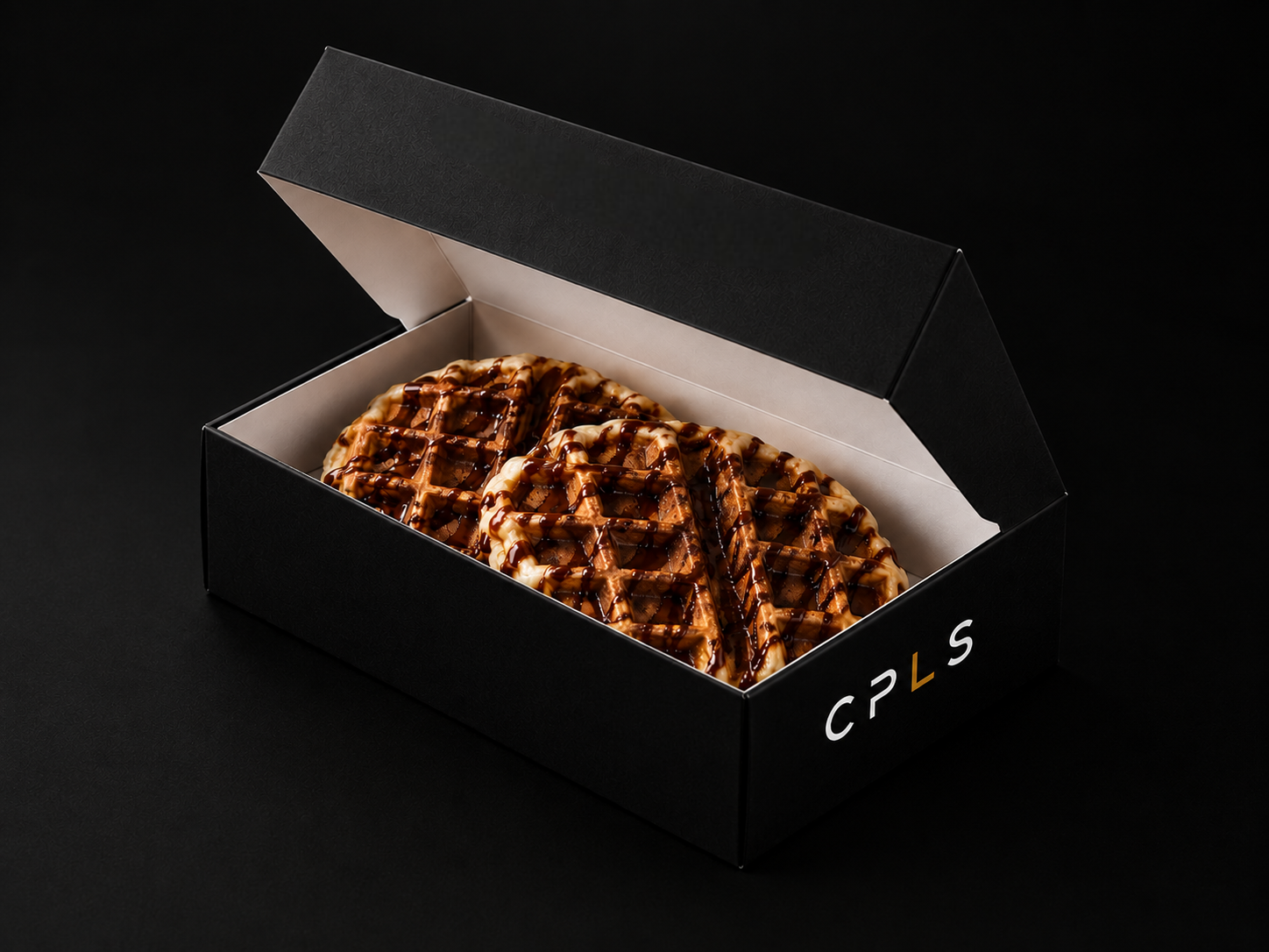 Corpolicious open presentation box with duo of chocolate glazed waffles